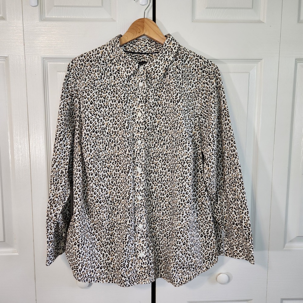 Talbots Plus Petite‎ 2XP Leopard Print Button Down Shirt 100% Cotton Long Sleeve